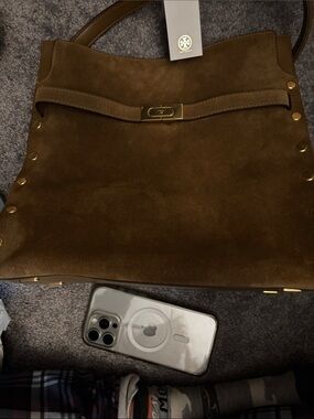 Tory Burch Lee Radzwill Brown Suede Bag with Gold Hardware